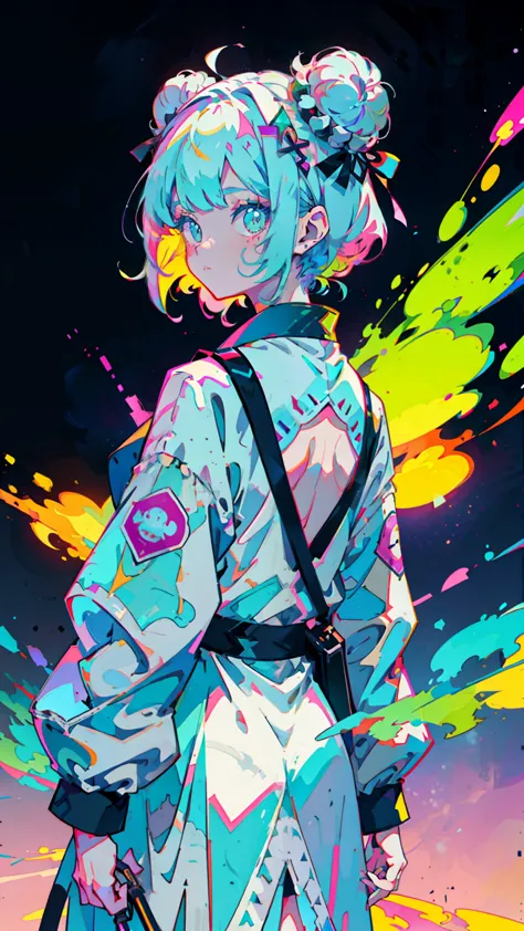 anime girl, wild spirit, neon pastel colors, double buns, long robe, pagan dress, scars, stickers, nymph, cool, beautiful, dance...