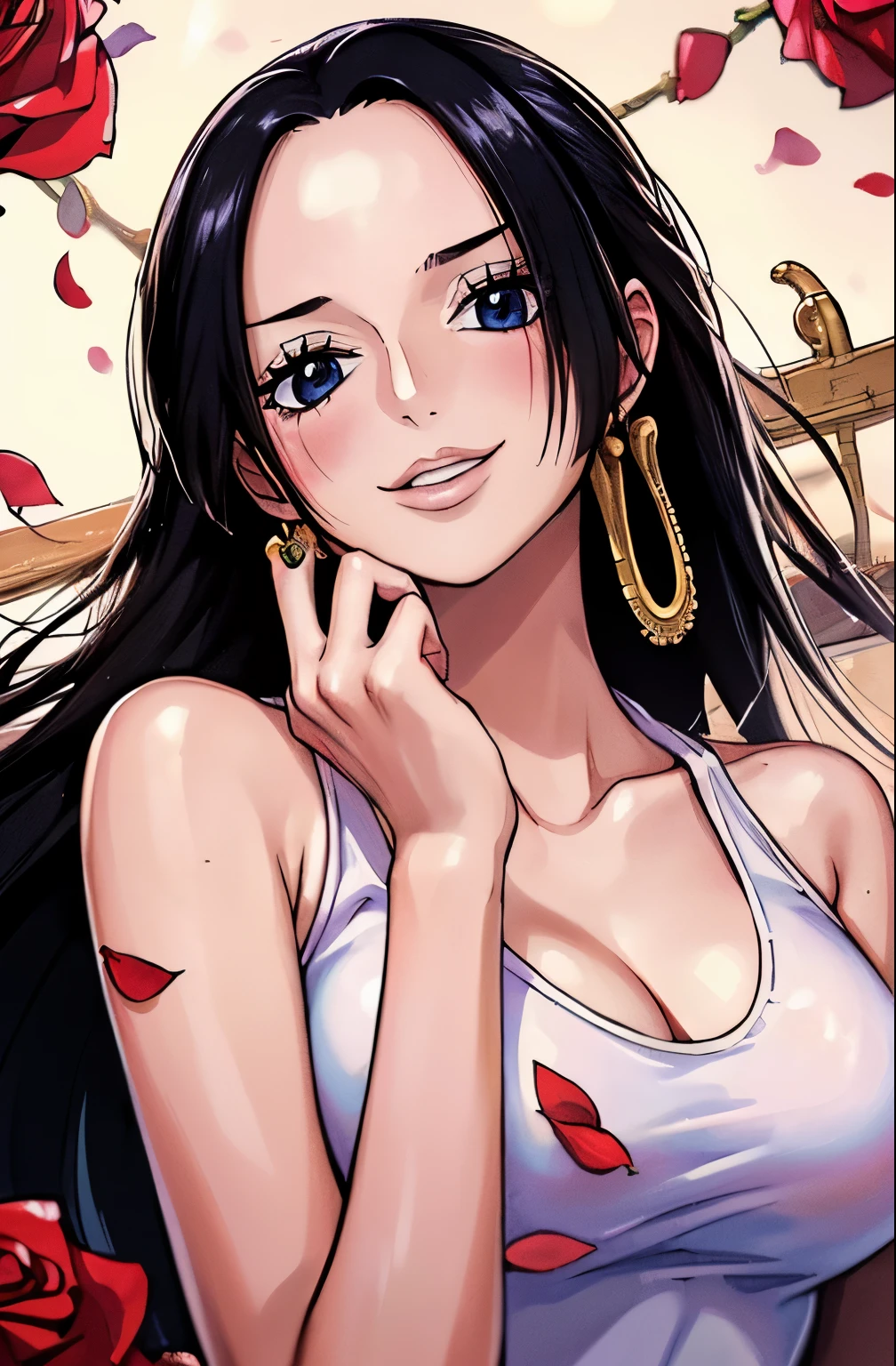 Anime girl with long black hair and earrings posing for a picture - SeaArt  AI