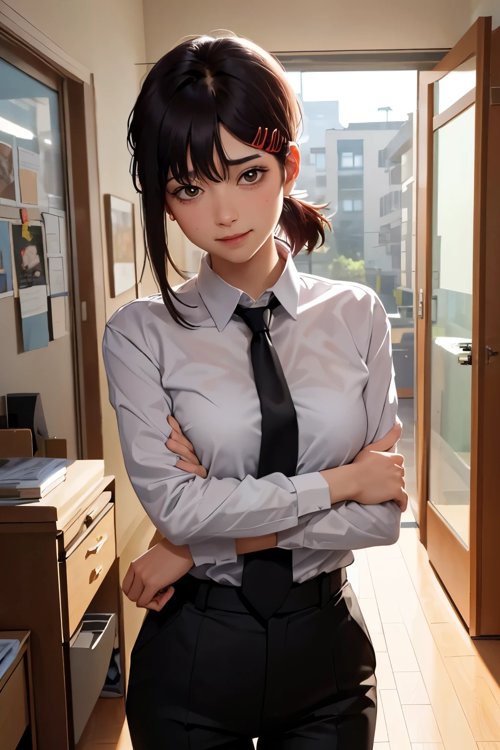 masterpiece, best quality, ultra-detailed, illustration, epic lighting, cinematic composition, isometric, 1girl, solo, cute, brown eyes, black hair, swept bangs, single sidelock, red hairclip, white collared shirt, black necktie, black pants, formal, enchanting gaze, captivating pose, indoors, office, door, opening door, looking at viewer, peeking out upper body, blush, seductive smile, closed mouth,(8k:1.1),