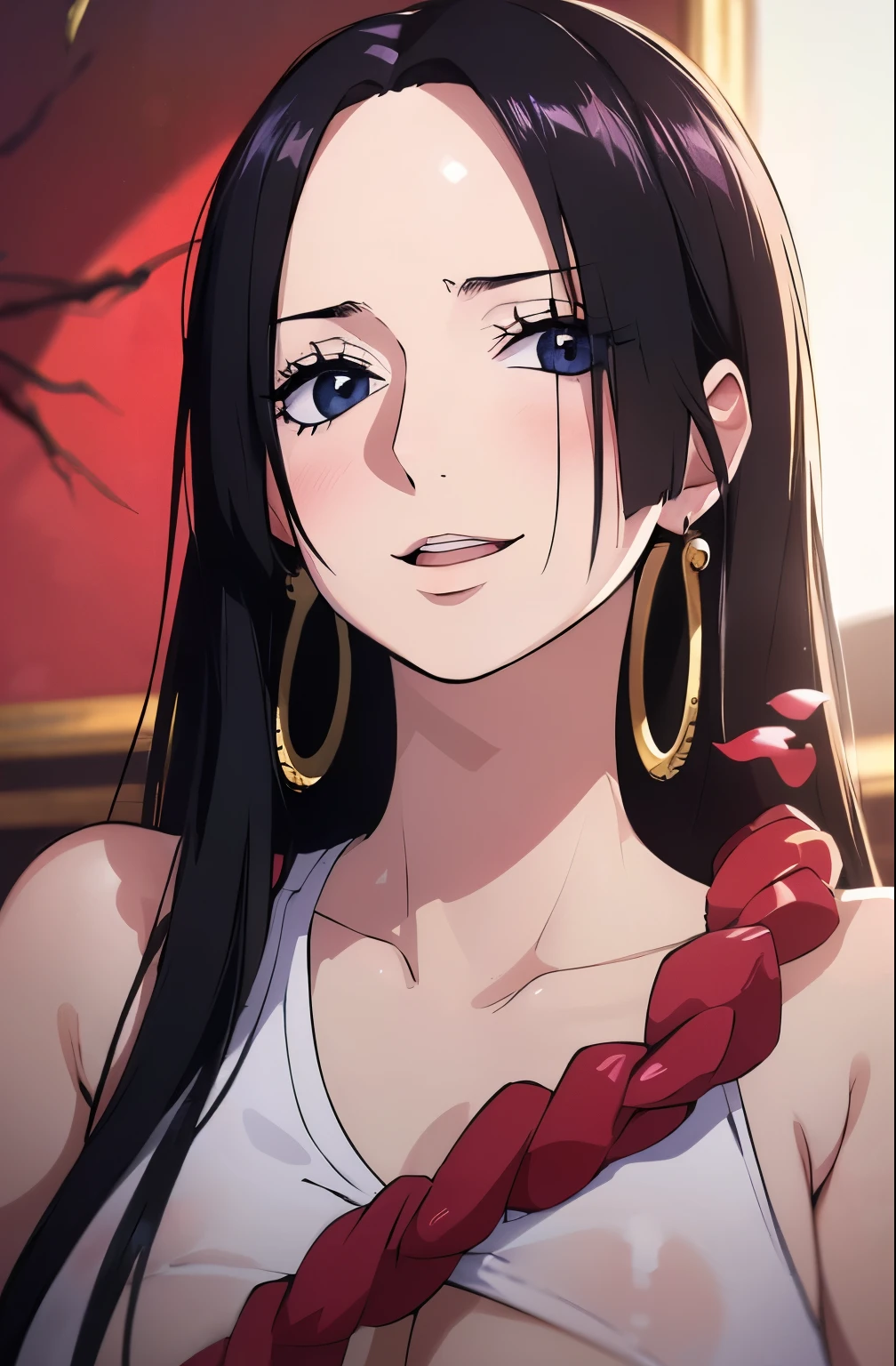 Anime girl with long black hair and big earrings in a room - SeaArt AI