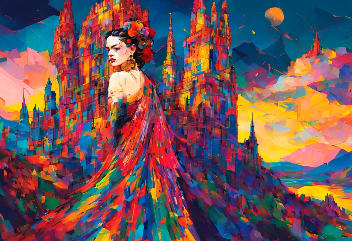 Imagine a mesmerizing 3D-generated painting that seamlessly blends the contrasting styles of Piet Mondrian and Frida Kahlo with the enigmatic themes of Gothic art. In this visual masterpiece, envision Gothic architectural elements forming the backdrop, characterized by soaring spires and intricate arches, meticulously rendered with Mondrian's geometric precision. Within this structured landscape, a Kahlo-inspired woman emerges, adorned with Gothic motifs, her ethereal beauty echoing the mysterious allure of Gothic art. Bold colors inspired by Kahlo's palette pierce through the stark Mondrian-esque lines, creating a unique fusion of rigidity and emotion. This artwork encapsulates a captivating harmony between the ordered elegance of Mondrian, the emotional richness of Kahlo, and the enigmatic atmosphere of Gothic aesthetics.