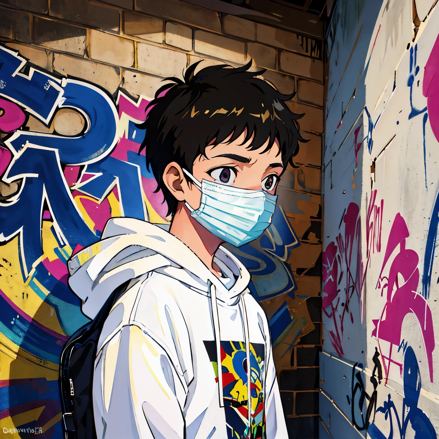  Junge mit Maske an einer Graffiti-Wand mit einem Sweatshirt 