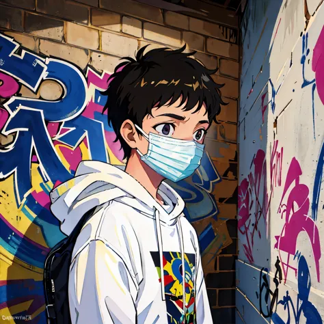 15 year old boy in a mask on a graffiti wall with a sweatshirt 