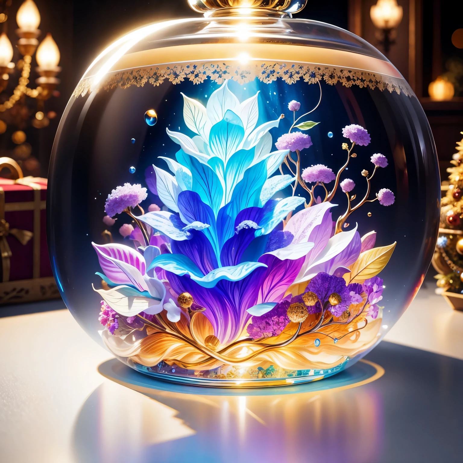 (La best quality,high resolution,super detailed,actual)，Laurel flowers formed from jelly，in the room，Christmas decoration，surrounded by christmas gifts，A masterpiece full of fantasy elements）））， （（best quality））， （（intricate details））（8k）