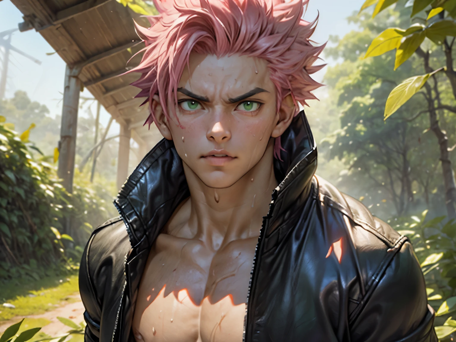 Young adult 20s age Natsu Dragneel flexing his fit muscular body in woods covered in sweat (((leaves carried in wind:1.2))) wide chest thin waist with symmetrical abasterpiece, physical based rendering, 3D, handsome youthful face, cg render, artstation :1.2)) completely, ((green leather jacket:1.2)) pink hair in a bed with ((flexing:1.2))