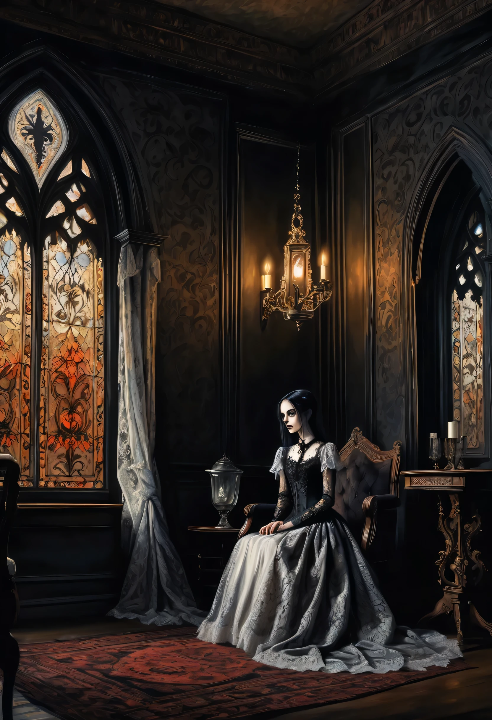 Gothic aesthetic illustration oil painting, mysterious atmosphere, Gothic elegance and intricate details, dim room, Elegant woman in a gothic dress, A scolding gaze, looking from the side, The delicate features of Gothic are emphasized., Ornate furniture and delicate lace curtains, in beautiful gothic architecture, elaborate furniture and decorations, white lamp shining in the corner, fantastic shine, luxurious interior, gothic chairs and table, grunge painted gouache, tonal contrast, highly detailed gothic, high quality, 最high quality, Cinematic angle and light, Gothic Beauty, Gothic aesthetic illustration ultra-fine madness, Elegant work with gothic pattern, sharp gaze upwards, The delicate features of Gothic are emphasized., A beautiful flower blooming in solitude, gothic texture sky, grunge painted gouache, high contrast, highly detailed gothic, high quality, 最high quality, Cinematic angle and light,