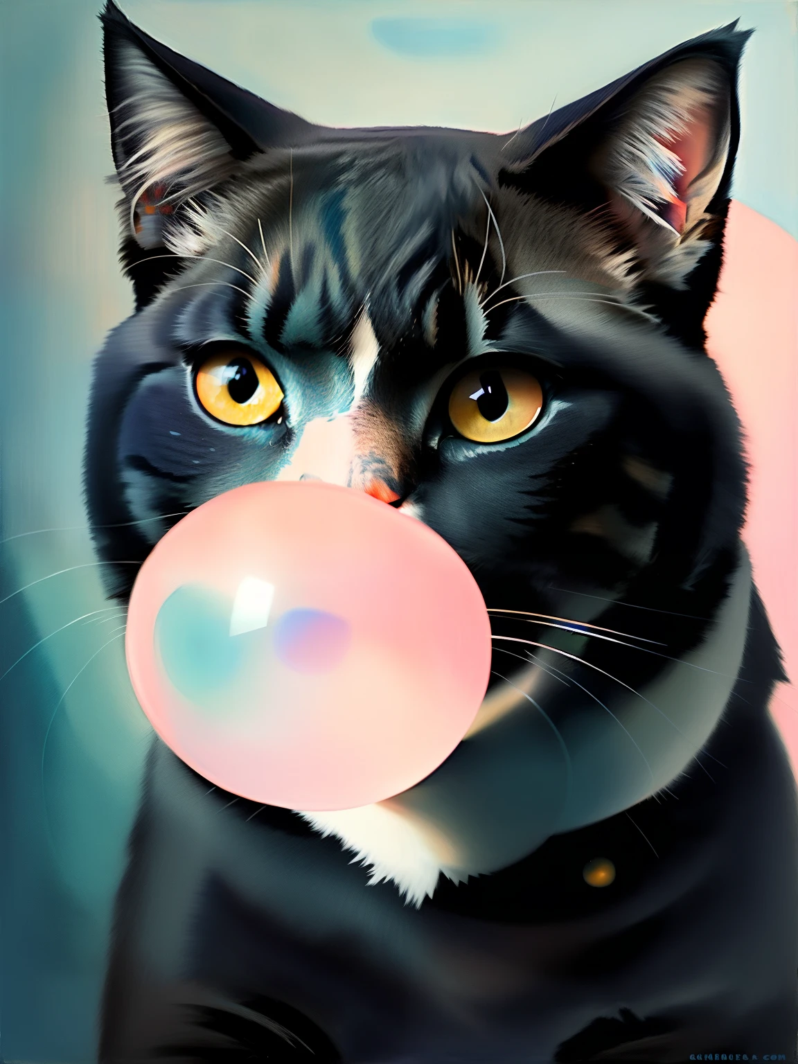 painting in the style, of a cat , navy_blue tones and pale highlights. blowing bubble gum, pink bubble gum 