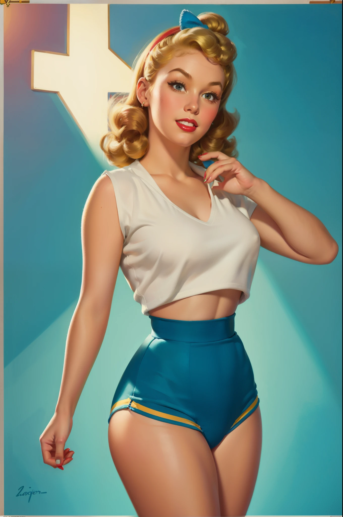 학교 체육관에 있는 20세 소녀, 섹시한 Riverdale High School cheerleader outfit with blue and gold pom poms, 중간 가슴, 빛나는 피부, 극적인 조명, 핀업 스타일, 섹시한, 놀란, , 화려한 , 걸작, 삽화가 든, 빛나는 피부, 상세한 얼굴, 중간 가슴. 단단한 몸. 블론드 헤어, 조 모저트(Zoe Mozert)가 그린 그림,   핀업 art byZoe Mozert,  빈티지 핀업, 삽화가 든 by Zoe Mozert, girl 핀업, 핀업 girl, 핀업 포스터 소녀, 핀업걸, 핀업, 핀업걸, 상세한 얼굴, 상세한 손, 상세한 다리,