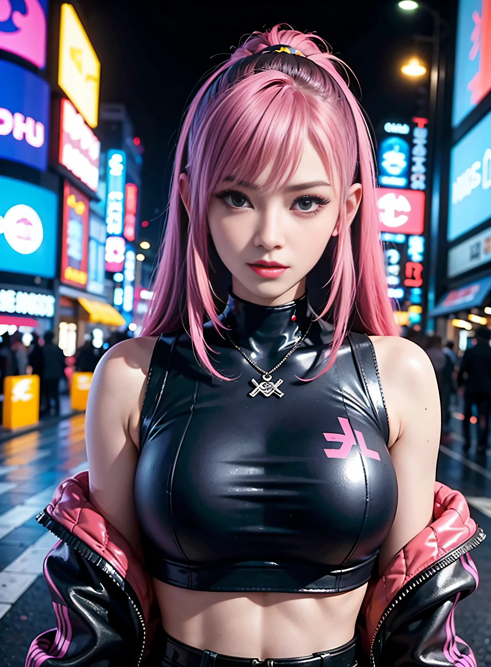 SFW, chef-d&#39;œuvre, meilleure qualité, 2 filles cyberpunk debout ensemble prenant un selfie portrait, ((((Vêtements cyberpunk d&#39;inspiration Harajuku)))), Couleurs et motifs audacieux, des accessoires accrocheurs, coiffure tendance et innovante))), Paysage urbain cyberpunk éblouissant, grattes ciels, enseignes au néon lumineux, Lumières LED, Illustration animée, texture de peau détaillée, Texture de tissu détaillée, beau visage détaillé, Détails complexes, ultra détaillé, éclairage cinématographique, fort contraste, Porter un soutien-gorge,((taille fine)), jeune fille asiatique, ((grosse poitrine)),