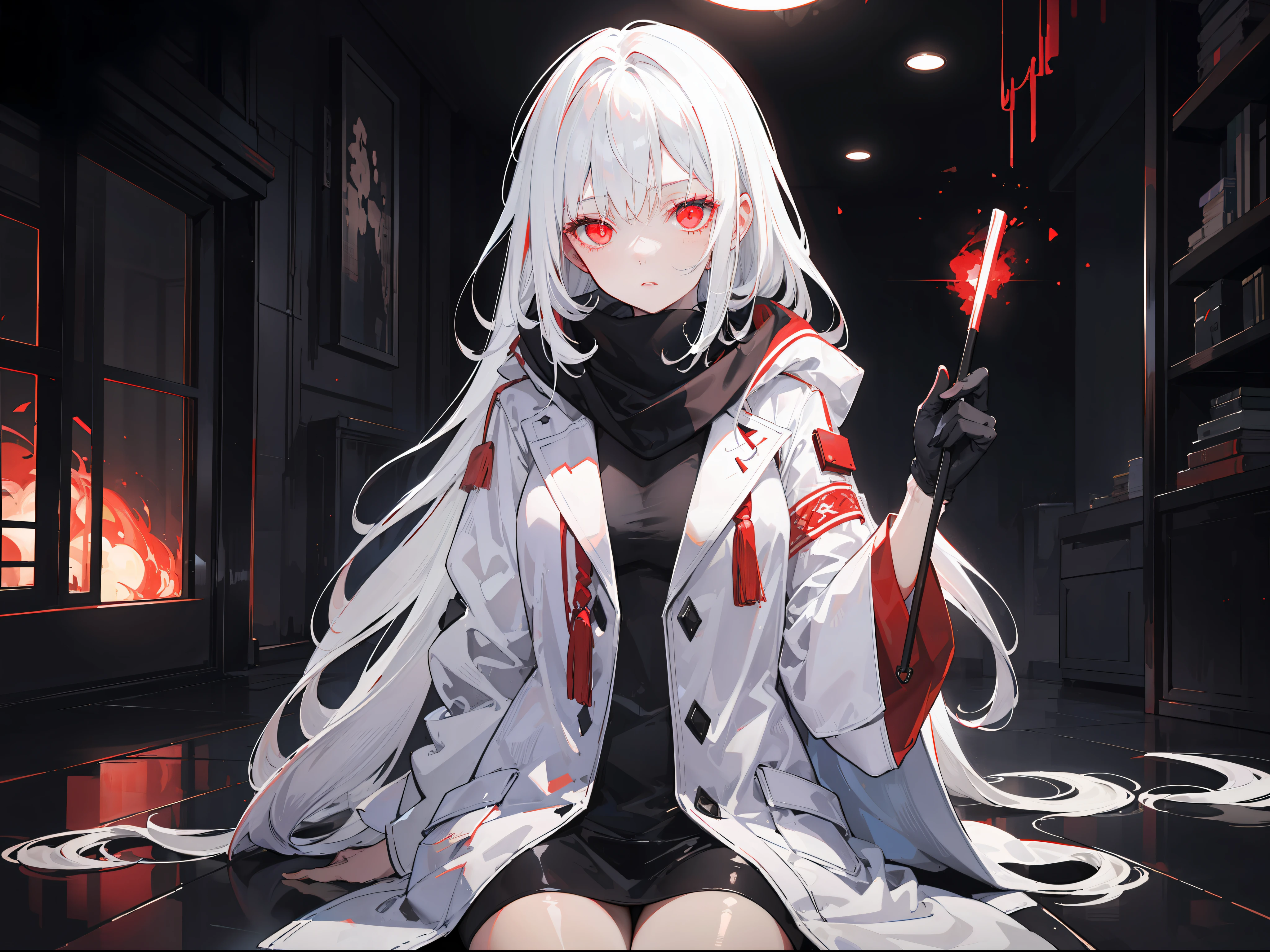 Anime girl with white hair and red eyes sitting on the floor - SeaArt AI