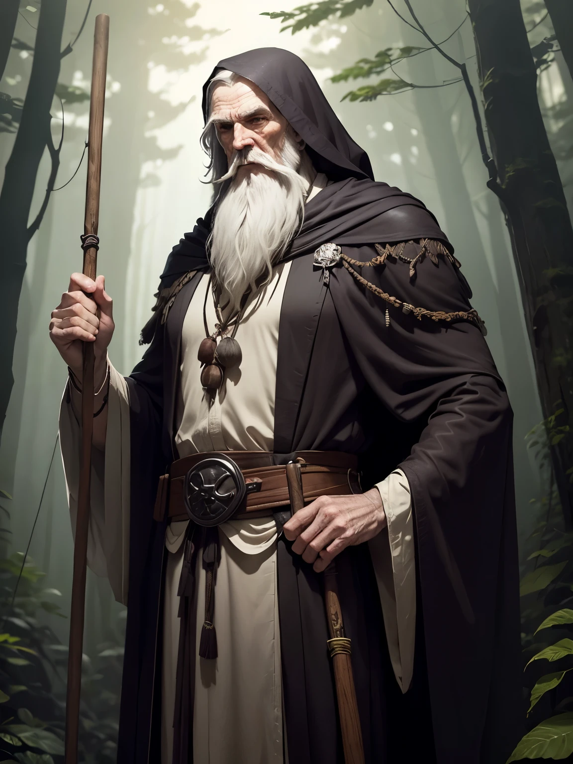Elderly gentleman with a white beard(druid)(slender physique), wearing a dark brown robe, rope on a belt with herbs, plants and pouches hanging from it, leaning on his walking stick with a raven skull, standing in the gloomy forest