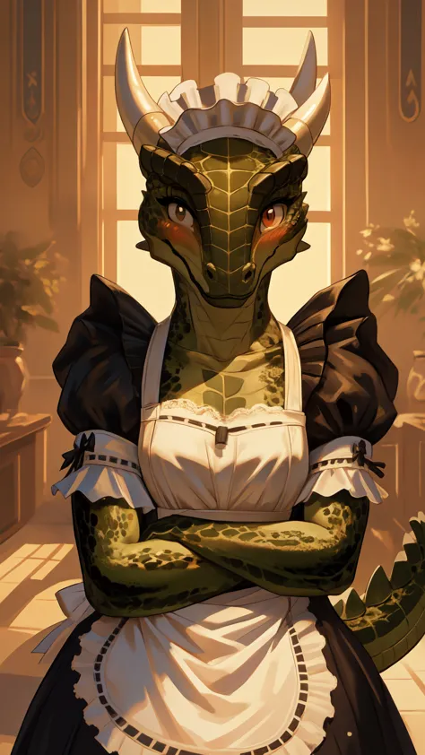 anime, hdr, soft light, ((best quality)), ((masterpiece)), (detailed), lustyargonian, maid, colored skin, green skin, maid headd...