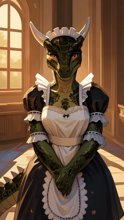 anime, hdr, soft light, ((best quality)), ((masterpiece)), (detailed), lustyargonian, maid, colored skin, green skin, maid headd...