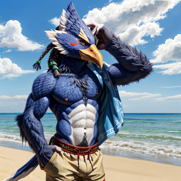 zelda breath of the wild,Reval,male,Birdman,bird wings arm,adult,alone,4K,best quality,lie,lie,lying,lie on the beach,looking at the audience,slim body,hairy,bird tail,Upper body exposed,bare chest,hairy chest, pink nipples,Six-pack abs, biceps, anatomically correct,Delicate fur,pride,soft shadow,majestic,Detailed face,High quality eyes,green eyes,black pupils,Sharp eyes,Grandiose,brave,swimming trunks,Confident smile,Strong,mature,Blue sky and white clouds,,seaside,coastal,beach