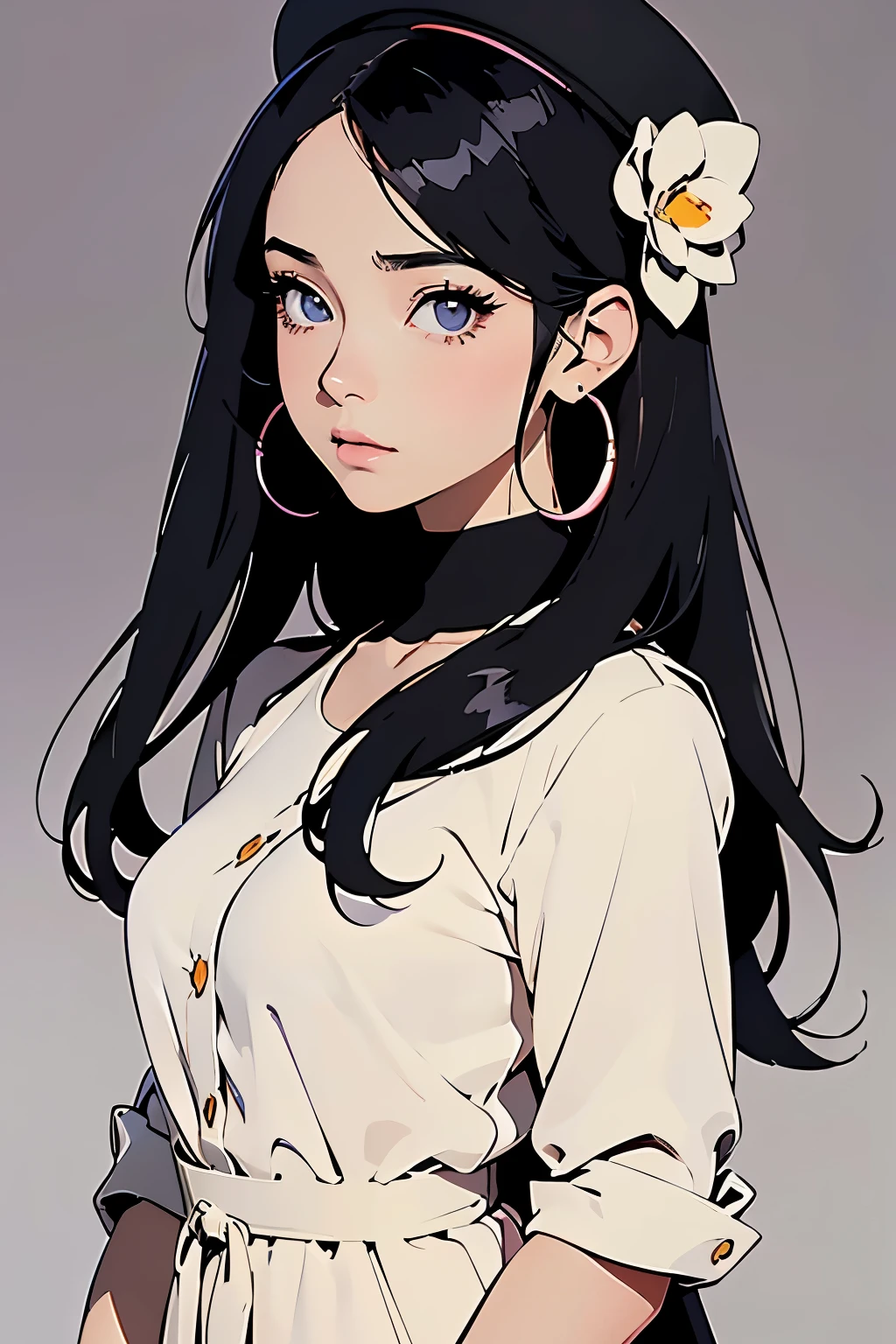(masterpiece), best quality, beautiful woman, expressive eyes, perfect face,1 woman, a movie still of a girl with long black hair wearing a hat and earrings, anime style portrait, anime vibes, anime style illustration, beautiful anime portrait, beautiful anime style, beautiful anime art style, anime art style, high quality anime artstyle, anime girl, anime style character, anime style 4 k, anime visual of a cute girl, in an anime style, young anime girl, soft light, strong linework, ((cel shaded style)), line art, simple background, modernism, natural style, neon, detailed iris, (first person point of view:1.3), anime