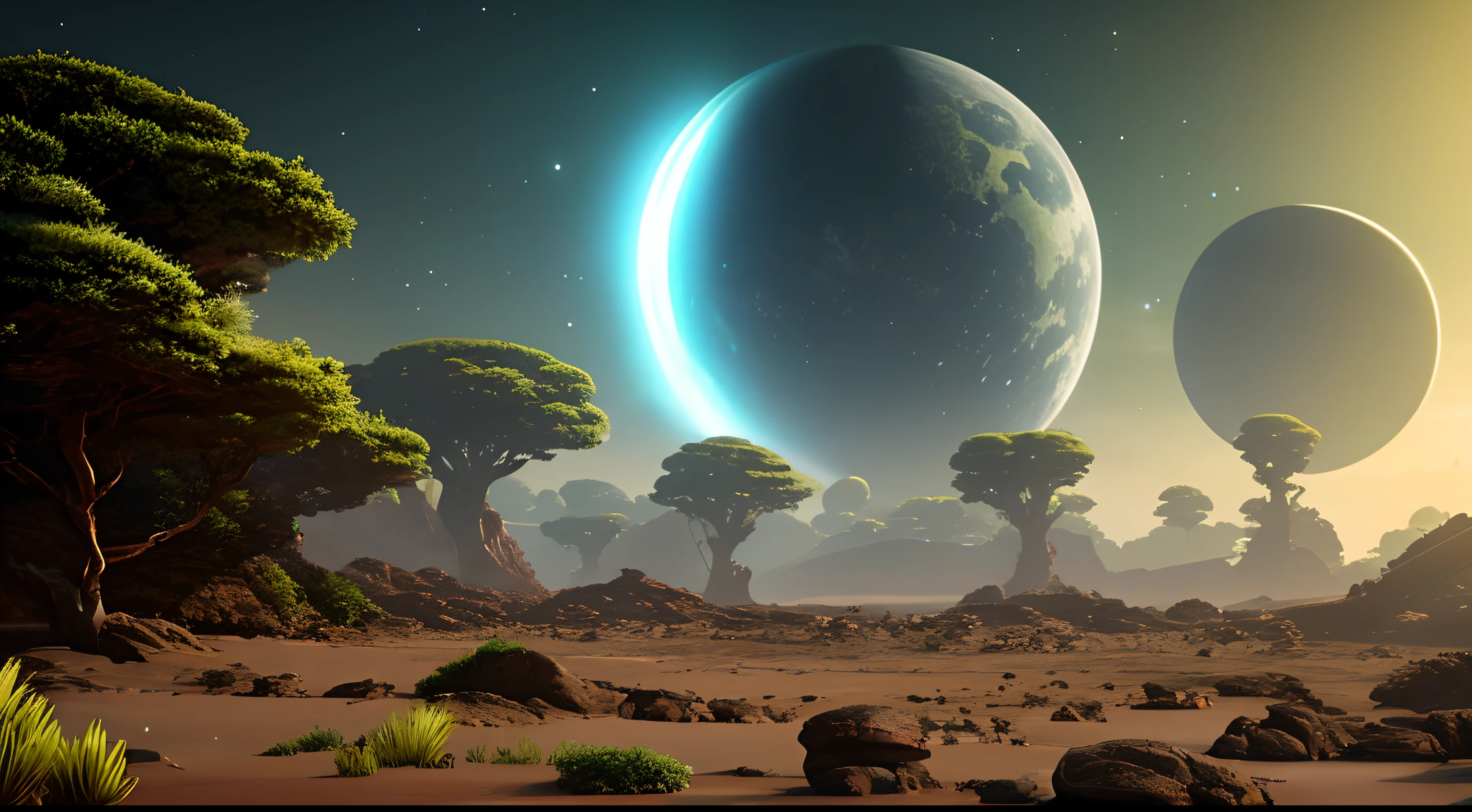 Outer Rim Alien Planet, with lush vegetation. Ambiente visualmente intrigante, com sombras profundas e respingos de luzes brilhantes para intensificar a atmosfera de suspense. As cores devem ser ricas e contrastantes, Catching the viewer's attention. This image should capture the essence of space exploration on an unknown planet, conveying the sense of mystery, Adventure and discovery that permeate the scenery.
