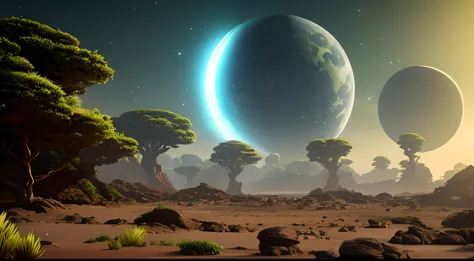 Outer Rim Alien Planet, with lush vegetation. Ambiente visualmente intrigante, com sombras profundas e respingos de luzes brilha...