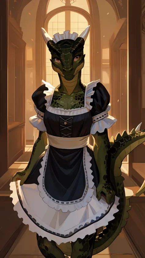 anime, hdr, soft light, ((best quality)), ((masterpiece)), (detailed), lustyargonian, maid, colored skin, green skin, maid headd...