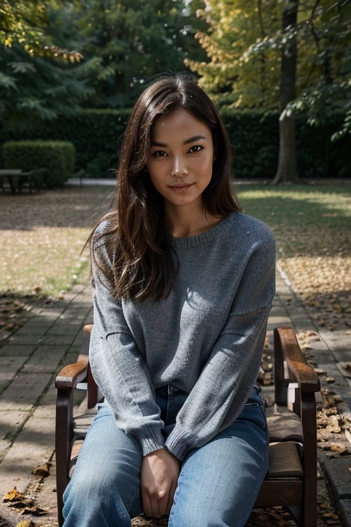 Create an image of a woman with Asian features, des cheveux noirs et des yeux bruns, en utilisant un style de dessin réaliste. La femme est assise sur un banc de parc, surrounded by dead leaves and tree branches. She is dressed in a navy blue sweater and jeans, et elle regarde directement l'observateur avec un sourire timide. The sunlight falls on his face, mettant en valeur les contours de ses traits. Create an autumnal and intimate atmosphere, en utilisant des couleurs chaudes et des ombres douces.