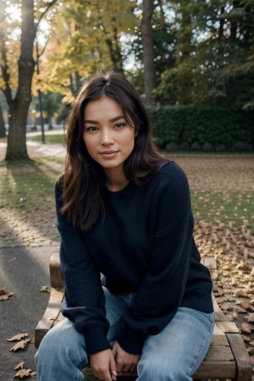 Create an image of a woman with Asian features, des cheveux noirs et des yeux bruns, en utilisant un style de dessin réaliste. La femme est assise sur un banc de parc, surrounded by dead leaves and tree branches. She is dressed in a navy blue sweater and jeans, et elle regarde directement l'observateur avec un sourire timide. The sunlight falls on his face, mettant en valeur les contours de ses traits. Create an autumnal and intimate atmosphere, en utilisant des couleurs chaudes et des ombres douces.