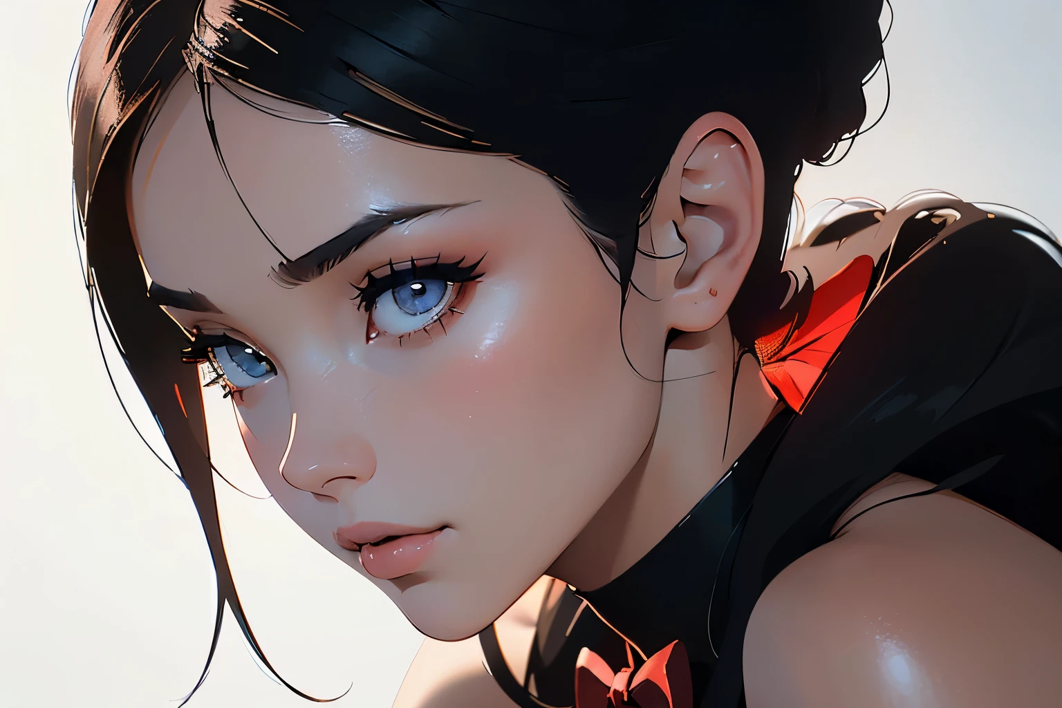 (masterpiece), best quality, beautiful woman, expressive eyes, perfect face,1 woman, a movie still, ((portrait of a woman, elegant, black and white dress, red bow, artgerm style, ilya kuvshinov inspiration, high quality, photorealistic, studio lighting, HD resolution, close-up), vibrant colors, intricate details, dramatic lighting, detailed fabric texture, stunning, graceful pose, smooth lines), soft light, strong linework, ((cel shaded style)), line art, simple background, modernism, natural style, neon, detailed iris, (first person point of view:1.3), anime