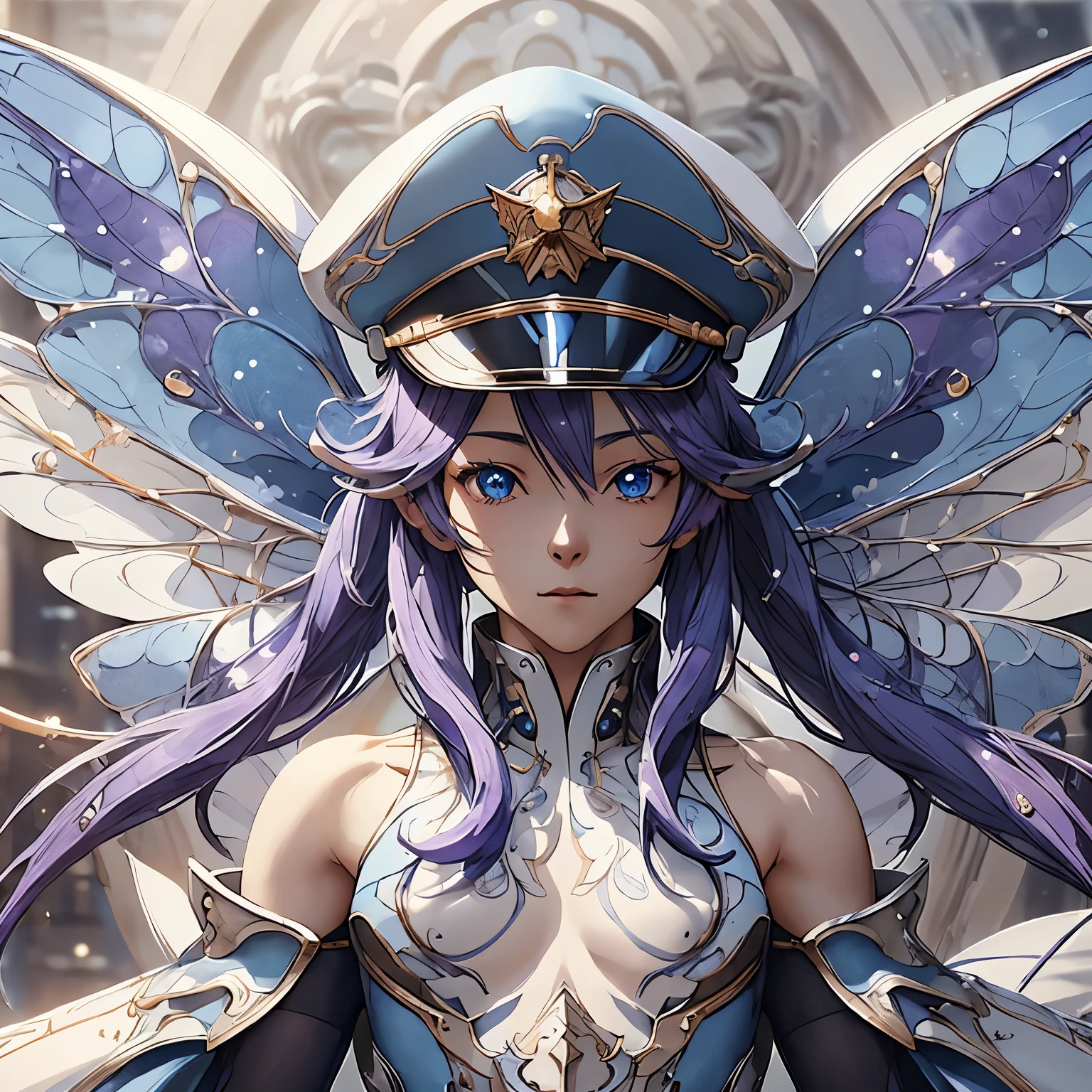 korean fairy girl, Fairy wings, blue shoulders hair, left blue eye, purple right eye, cyborg,  wearing clothes and cap sea ​​captain, realistic, Masterpiece, high quality, 