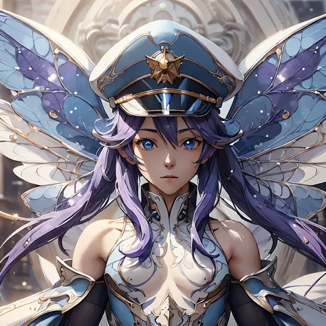 korean fairy girl, Fairy wings, blue shoulders hair, left blue eye, purple right eye, cyborg,  wearing clothes and cap sea ​​cap...