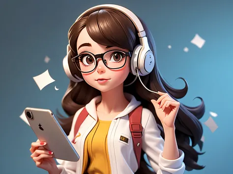 an matured looking senior high school girl who is using a headphone and smartphone to communicate with her friends. she has shou...