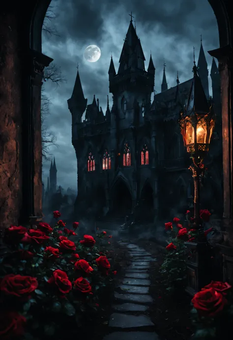 Stable diffusion prompt: Gothic aesthetics, gothic style, House design, dark, bat, Rose, isolated castle, crow, cross, Blood, bl...