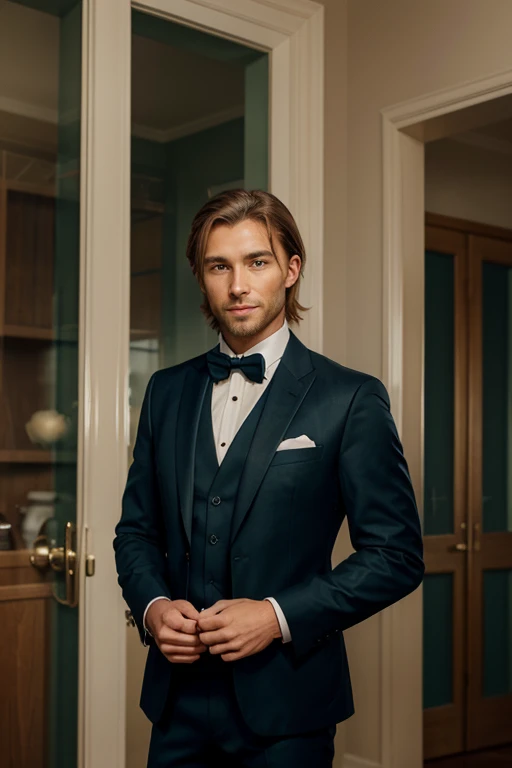 Create an image of a handsome man with chestnut hair and green eyes, of European nationality, in a style that blends realism with a touch of elegance. The man is depicted standing in a pose that exudes confidence and poise, with his legs slightly apart and his hands in his pockets. He wears a tailored navy blue suit with a crisp white shirt and a slim black tie, giving him a sharp and sophisticated look. His chestnut hair is styled perfectly, with a slight wave that adds texture and depth to his locks. His green eyes sparkle with warmth and intelligence, and his smile is friendly and inviting. The background is a subtle gradient of blue and purple hues, with a hint of city lights in the distance. The overall mood is one of refined sophistication and understated elegance.