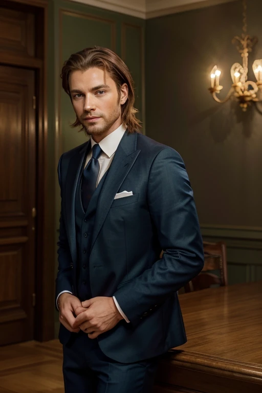 Create an image of a handsome man with chestnut hair and green eyes, of European nationality, in a style that blends realism with a touch of elegance. The man is depicted standing in a pose that exudes confidence and poise, with his legs slightly apart and his hands in his pockets. He wears a tailored navy blue suit with a crisp white shirt and a slim black tie, giving him a sharp and sophisticated look. His chestnut hair is styled perfectly, with a slight wave that adds texture and depth to his locks. His green eyes sparkle with warmth and intelligence, and his smile is friendly and inviting. The background is a subtle gradient of blue and purple hues, with a hint of city lights in the distance. The overall mood is one of refined sophistication and understated elegance.