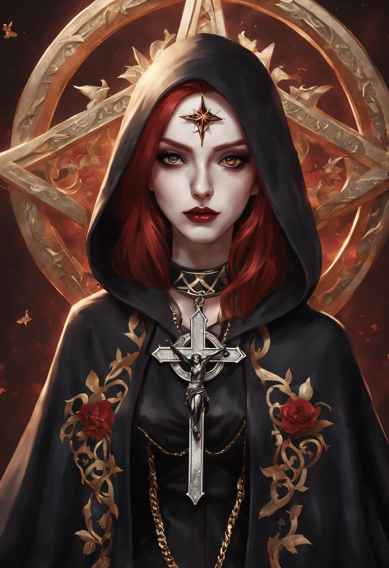 "(best quality, high resolution), dark clothes, Silver jewelry, black hair, Red or light blonde hair, pale skin, black lipstick and eyeshadow, Cross of the Cross, five-pointed star, cross, Cloak, shawl"