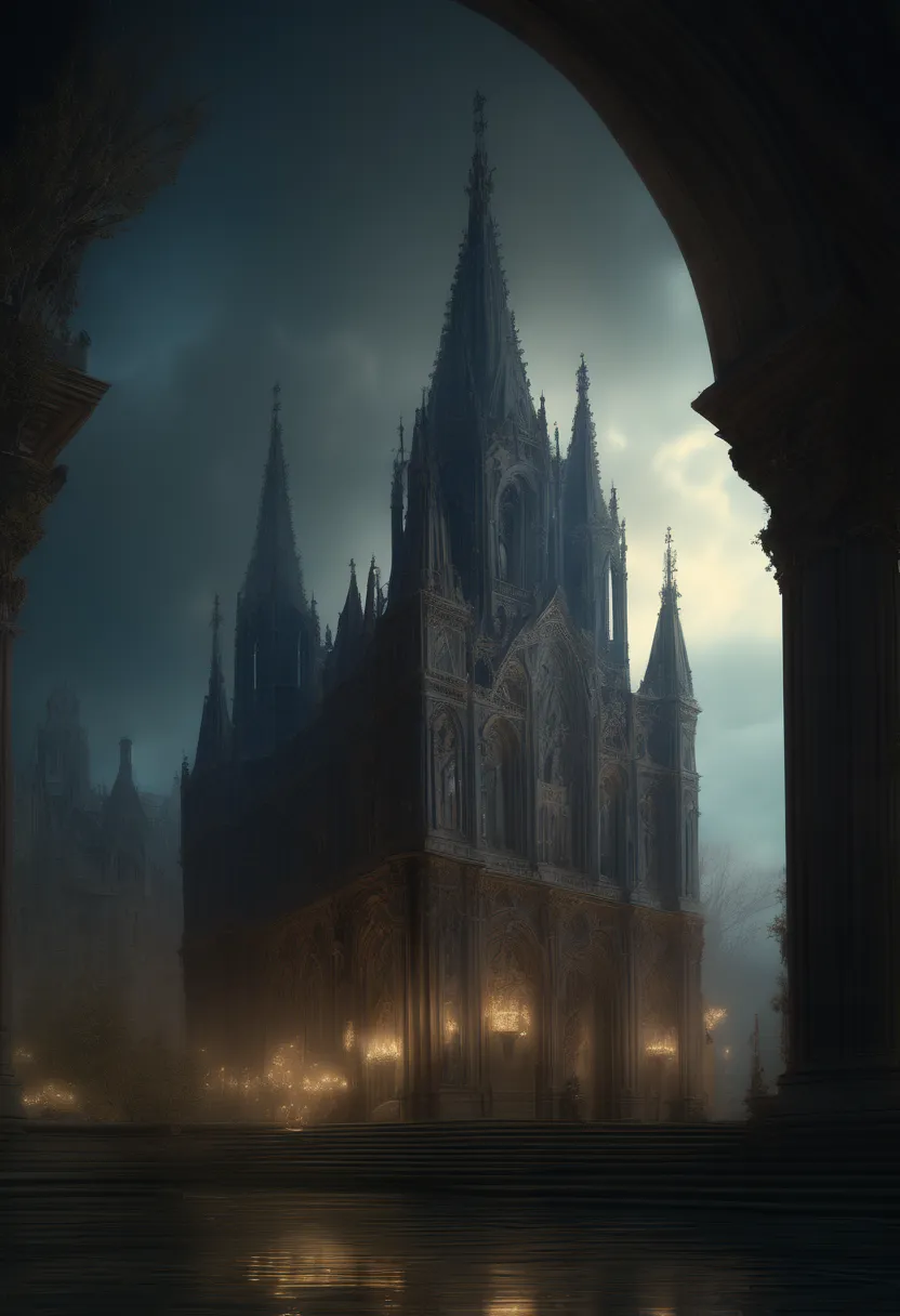 1girl, gothic aesthetic, insanely_detailed view of a holy divine gothic_cathedral full_of gargoils; intricate night_scene, detai...