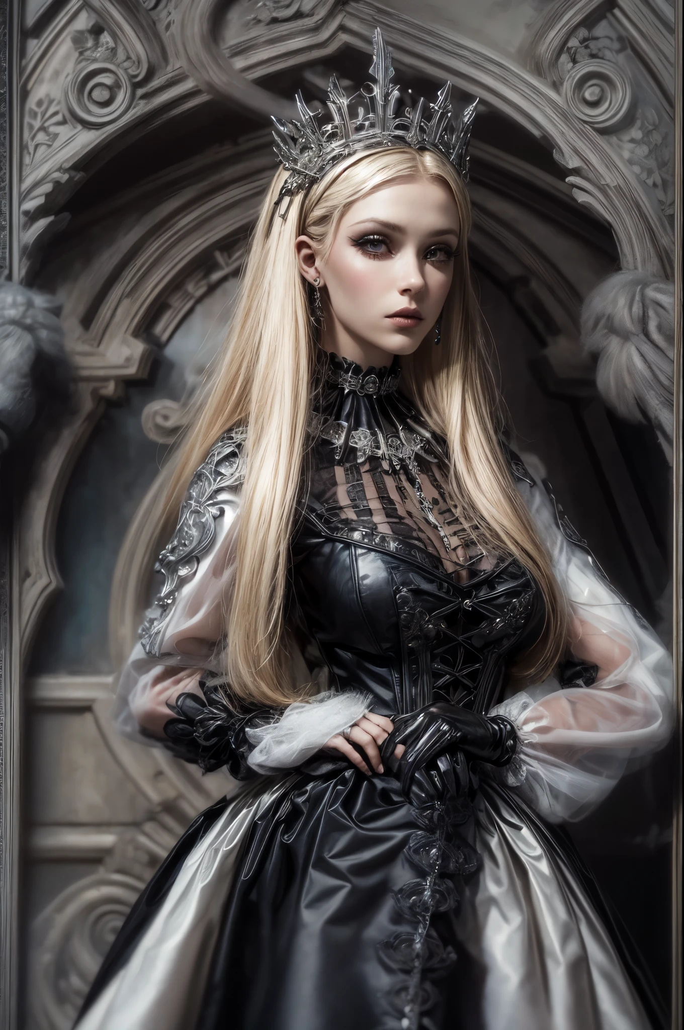 a goth picture of Barbie as a gothic queen (best details, Masterpiece, best quality :1.5), ultra detailed face (best details, Masterpiece, best quality :1.5), ultra feminine (best details, Masterpiece, best quality :1.5), wearing latex black mini dress, black stockings, pink high heels, long braided hair, hair pulled back, blond hair, dynamic goth background (best details, Masterpiece, best quality :1.5), ultra best realistic pictures , best details, best quality, 16k, [ultra detailed], masterpiece, best quality, (extremely detailed), ultra wide shot, photorealism, depth of field, hyper realistic painting, wearing collar, hihelz