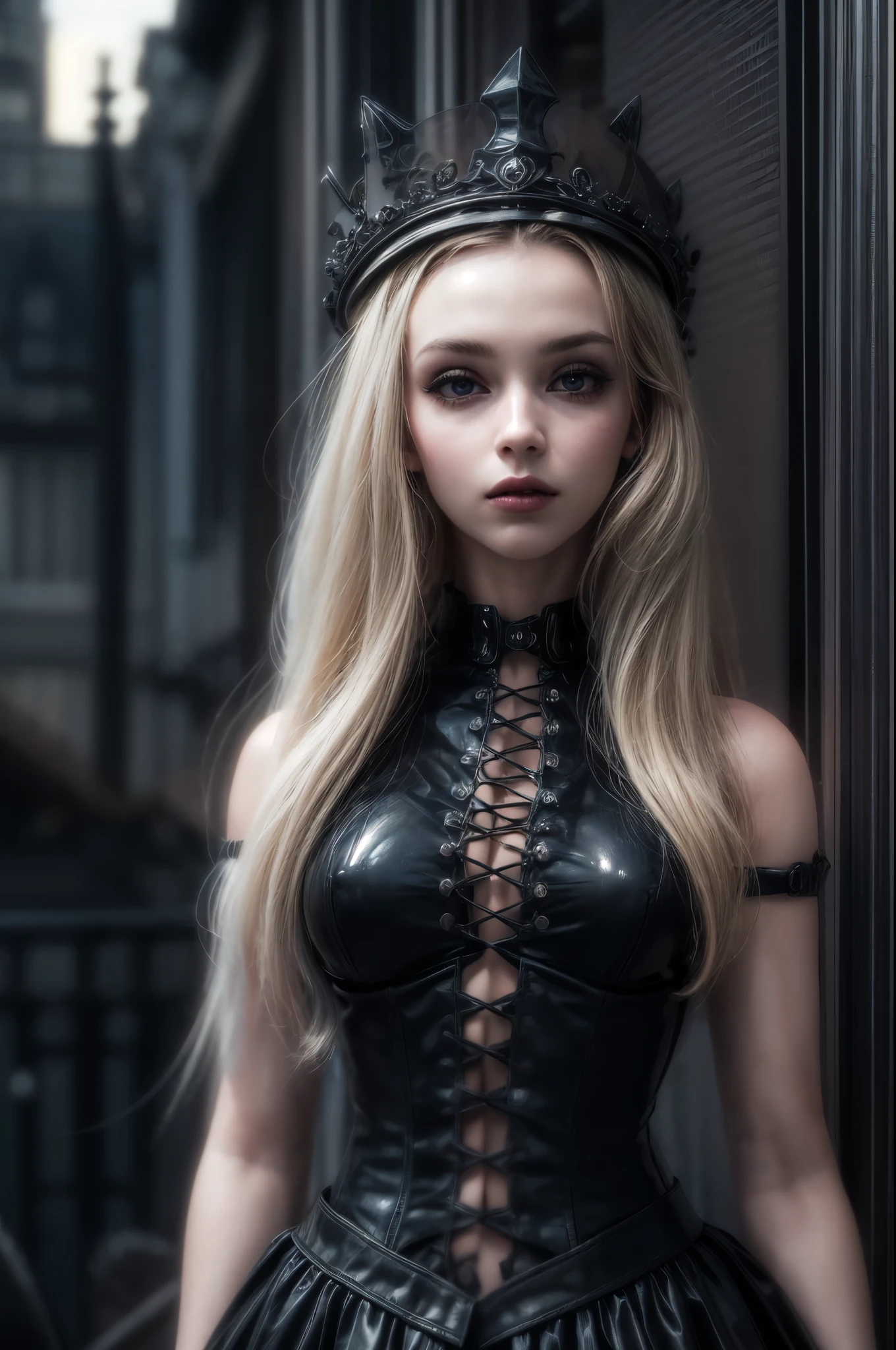 ein Gothic-Bild von Barbie als Gothic-Königin (beste Details, Meisterwerk, beste Qualität :1.5), Extrem detailliert face (beste Details, Meisterwerk, beste Qualität :1.5), ultrafeminin (beste Details, Meisterwerk, beste Qualität :1.5), trägt ein schwarzes Latex-Minikleid, schwarze Strümpfe, rosa High Heels, lange geflochtene Haare, Haare zurückgekämmt, blondes Haar, dynamischer Gothic-Hintergrund (beste Details, Meisterwerk, beste Qualität :1.5), ultra beste realistische Bilder , beste Details, beste Qualität, 16k, [Extrem detailliert], Meisterwerk, beste Qualität, (Extrem detailliert), Ultraweite Aufnahme, Fotorealismus, Tiefenschärfe, hyperrealistische Malerei, tragen kragen, hihelz