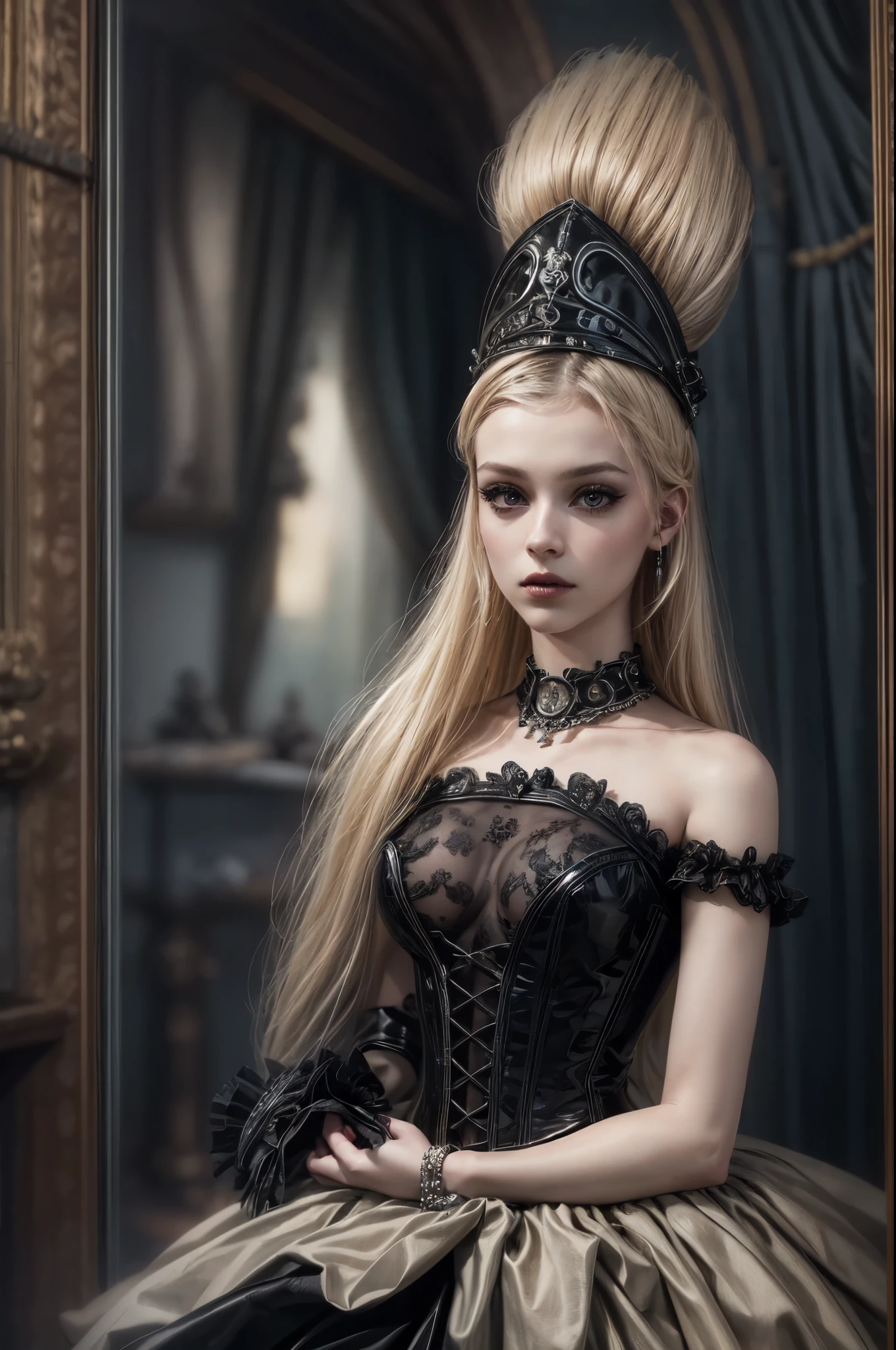 a goth picture of Barbie as a gothic queen (best details, Masterpiece, best quality :1.5), ultra detailed face (best details, Masterpiece, best quality :1.5), ultra feminine (best details, Masterpiece, best quality :1.5), wearing latex black mini dress, black stockings, pink high heels, long braided hair, hair pulled back, blond hair, dynamic goth background (best details, Masterpiece, best quality :1.5), ultra best realistic pictures , best details, best quality, 16k, [ultra detailed], masterpiece, best quality, (extremely detailed), ultra wide shot, photorealism, depth of field, hyper realistic painting, wearing collar, hihelz