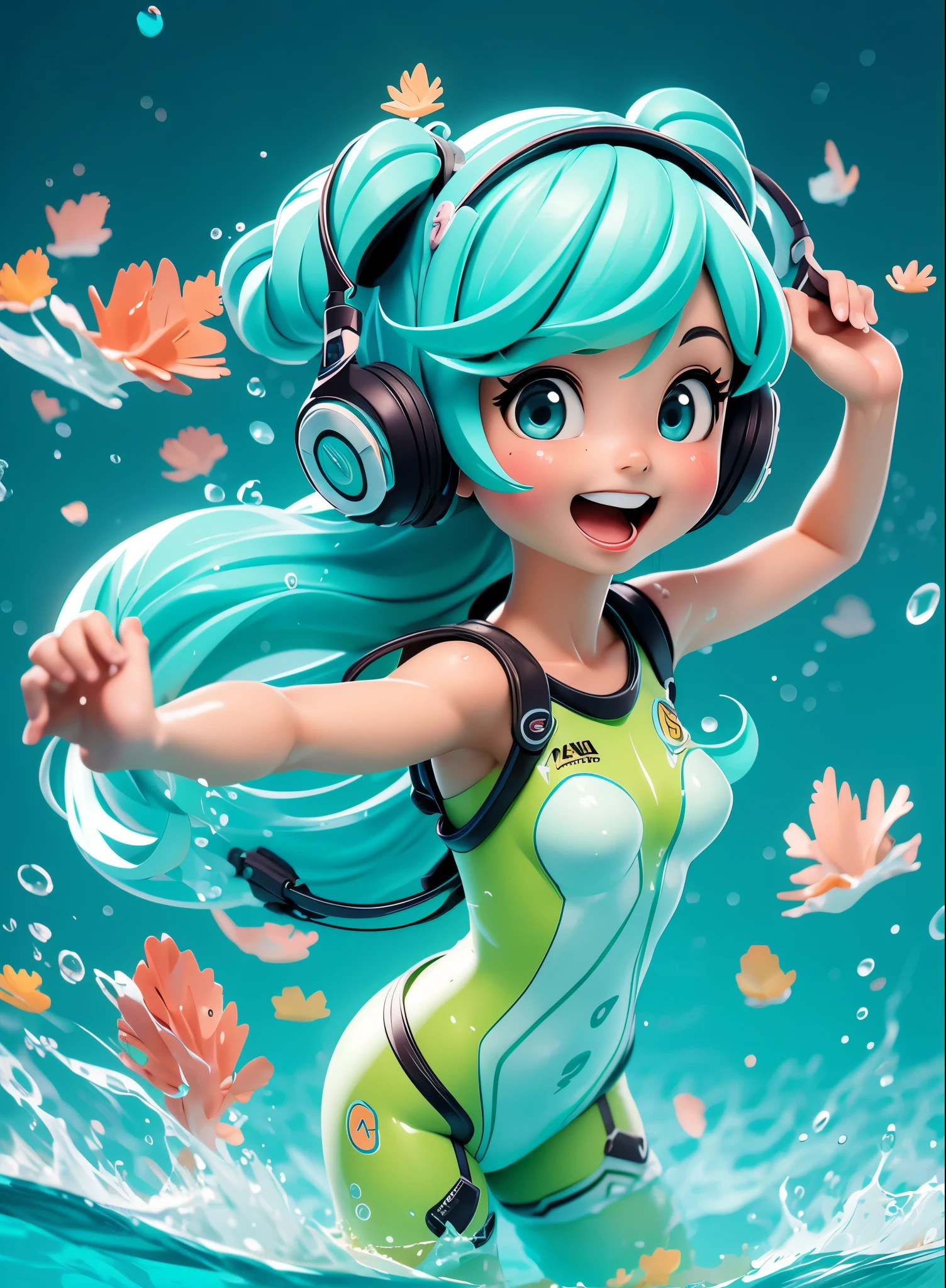 Miku Hatsune,nadar com golfinhos no oceano,lindos seios,fato de mergulho,snorkel,Os corais