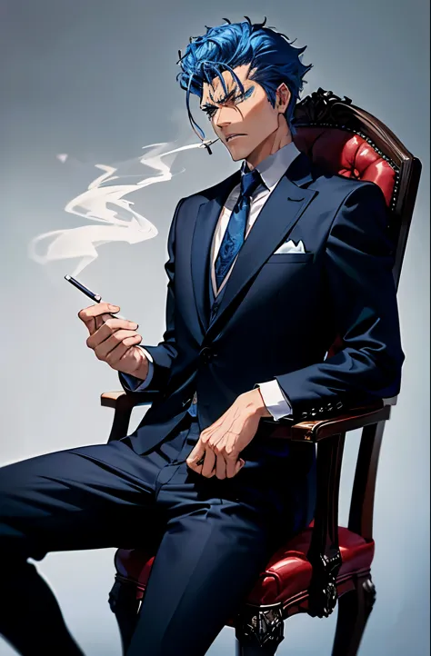 mafia boss,wearing formal suit, setting on the chair, holding  a cigarette, scar on his face , short and blue hair, looks angry,...