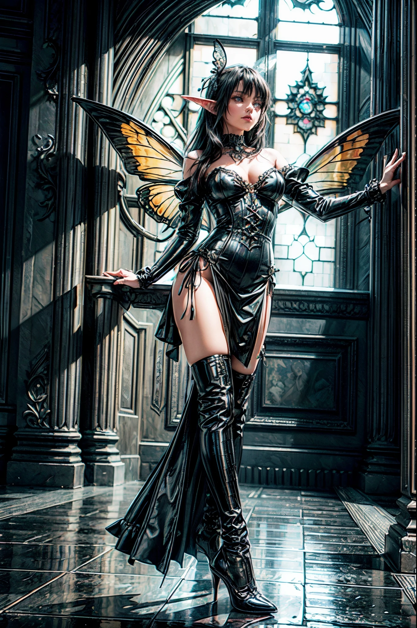 high details, best quality, 16k, RAW, [best detailed], masterpiece, best quality, (extremely detailed), full body, ultra wide shot, photorealistic, dark fantasy art, goth art, RPG art, D&D art, a picture of a dark female fairy in a goth church extremely beautiful fairy, ultra feminine (intense details, Masterpiece, best quality), best detailed face (intense details, Masterpiece, best quality), having wide butterfly wings, spread butterfly wings (intense details, Masterpiece, best quality), dark colors wings (intense details, Masterpiece, best quality), black hair, long hair, shinning hair, flowing hair, dark smile, wicked smile, blue eyes, dark red lips, wearing [red] dress latex corset (intense details, Masterpiece, best quality), dynamic elegant dress bondage gear, chocker, wearing high heels, (intense details, Masterpiece, best quality) a dark goth era street background, dim light, cinematic light, gaslight lamp light, High Detail, Ultra High Quality, High Resolution, 16K Resolution, Ultra HD Pictures, 3D rendering Ultra Realistic, Clear Details, Realistic Detail, Ultra High Definition hihelz