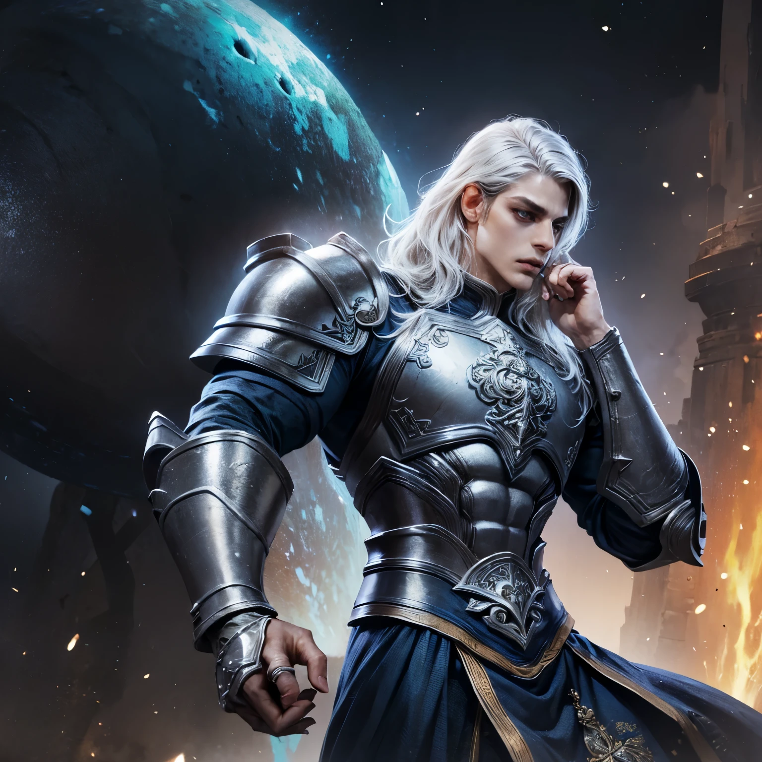 Amazing armor,um homem em de cabelo branco  longo armadura grega, incredible hero ,arte conceitual de personagens de 8k, airbrush concept art, armadura brilhante grega, , epic fantasy art style, Homem alto cabelo prateado longo . Olhos cinzas . Rosto detalhado. Armadura grega detalhada na cor azul escuro, espada detalhada, corpo detalhado. Rpg. Art .cabelo prateado,sem barba, rosto detalhado , Sem barba !, rosto liso, armadura detalhada , armadura cavaleiro , olhos cinzas brilhantes, rosto detalhado , olhos detalhados