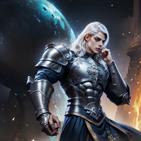 Amazing armor,um homem em de cabelo branco  longo armadura grega, incredible hero ,arte conceitual de personagens de 8k, airbrus...