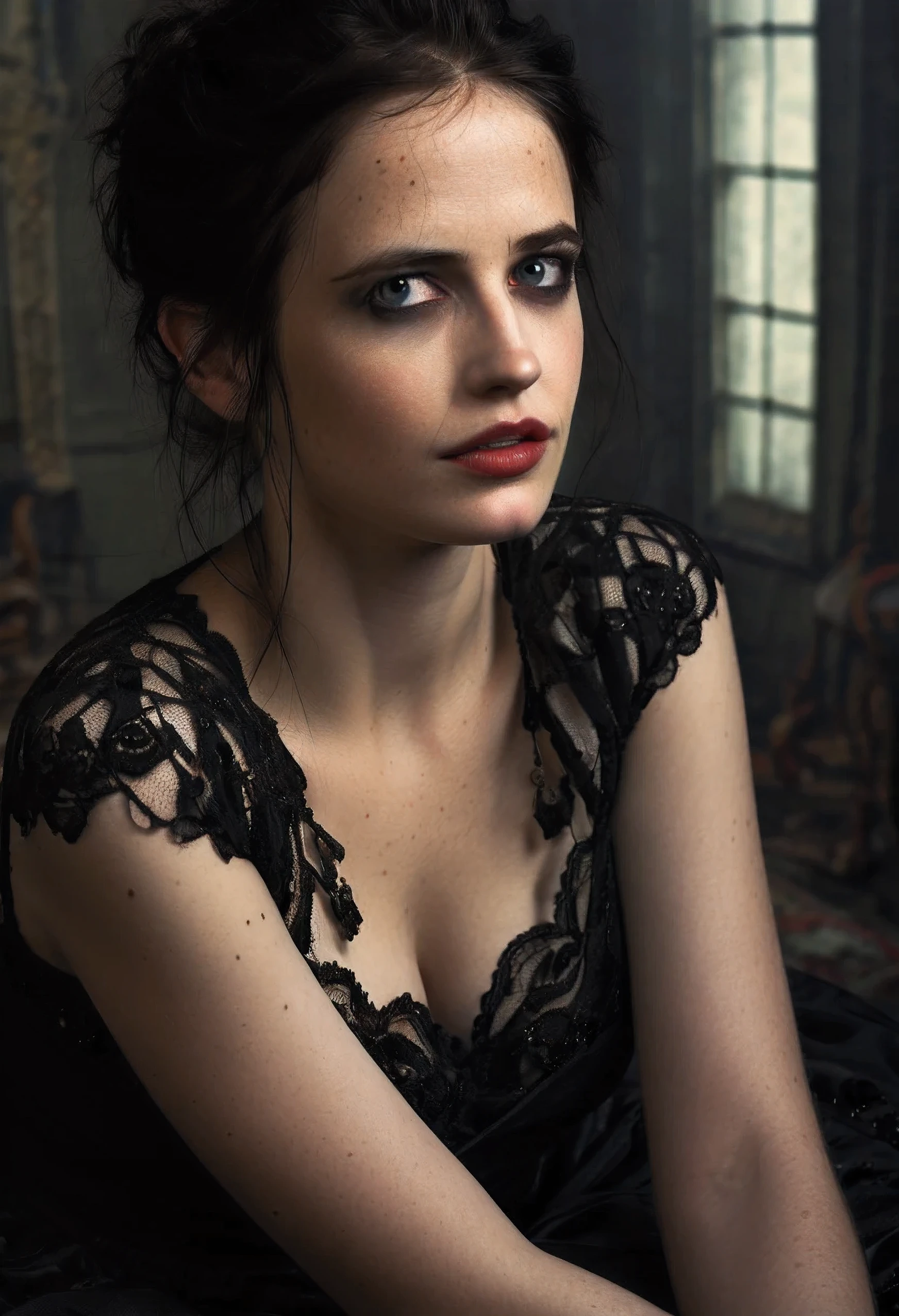 cinematic photo highly detailed portrait of (((ohwx woman))), beautiful symmetrical face, digital painting, ultra-realistic, (Eva Green),  Vanessa Ives from Penny Dreadful, pale skin, dark make-up, realistic photo, gothic clothes, dark light, mythical, horror,  background: London in the Victorian Era, RAW Photo, HDR, Depth of field, film grain, camera: full shot, dutch angle