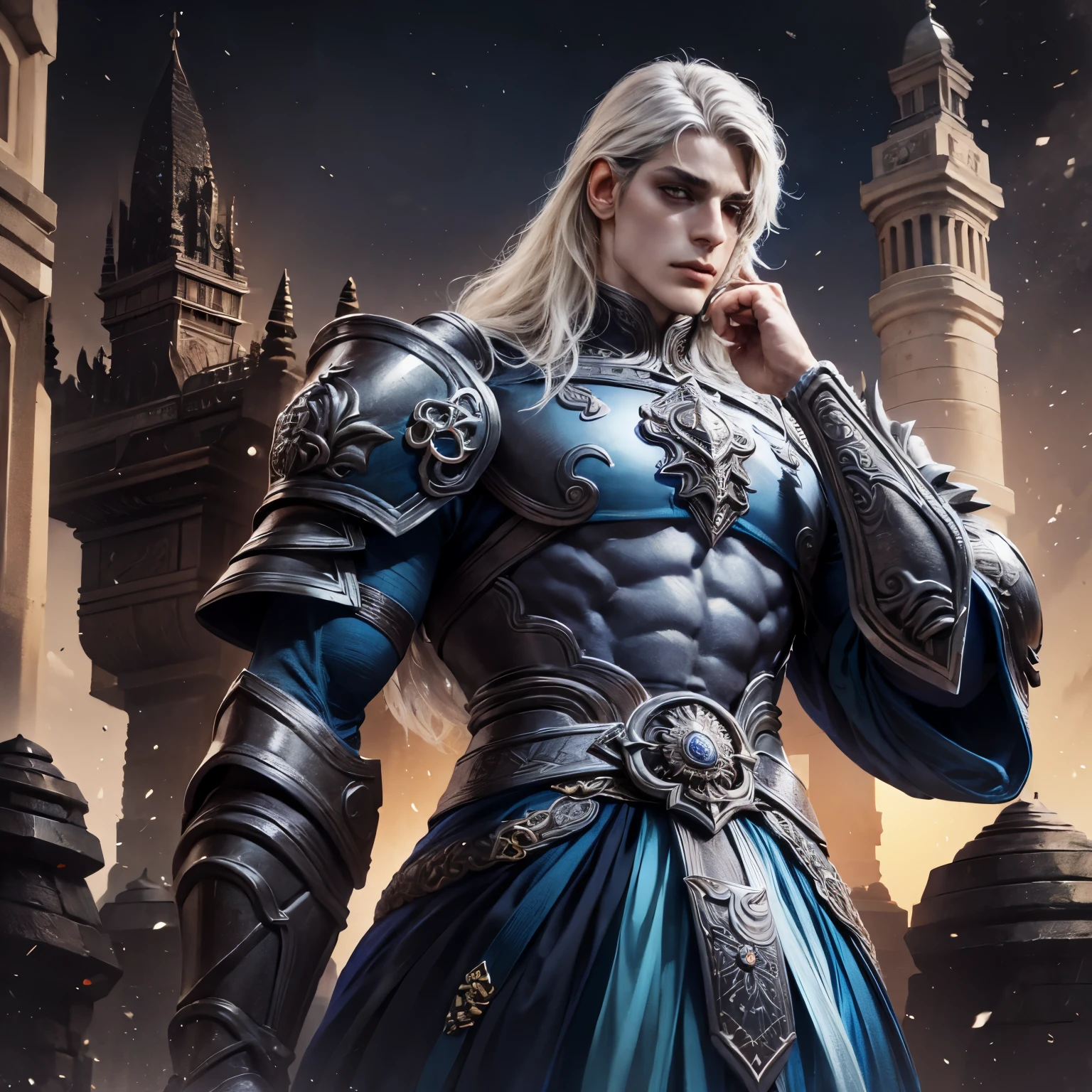 Amazing armor,um homem em de cabelo branco  longo armadura grega, incredible hero ,arte conceitual de personagens de 8k, airbrush concept art, armadura brilhante grega, , epic fantasy art style, Homem alto cabelo prateado longo . Olhos cinzas . Rosto detalhado. Armadura grega detalhada na cor azul escuro, espada detalhada, corpo detalhado. RPG. arte .cabelo prateado,sem barba, rosto detalhado , Sem barba !, rosto liso, armadura detalhada , armadura cavaleiro , olhos cinzas brilhantes, rosto detalhado , olhos detalhados, Magic in the hands 