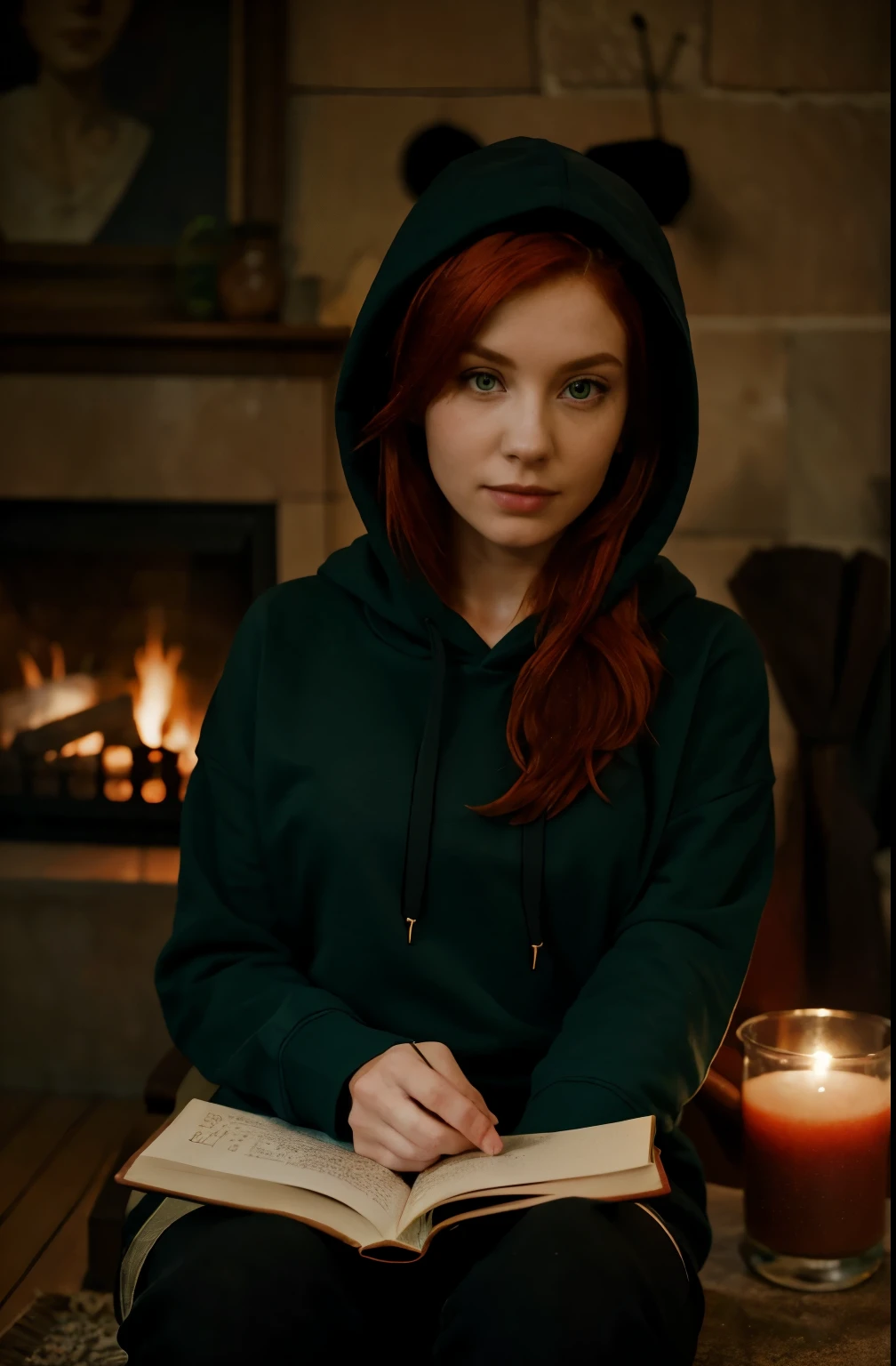 There is a skinny woman with red hair reading book, green eyes, black book, hoodie, hood, fireplace, dark light. 8k raw photo