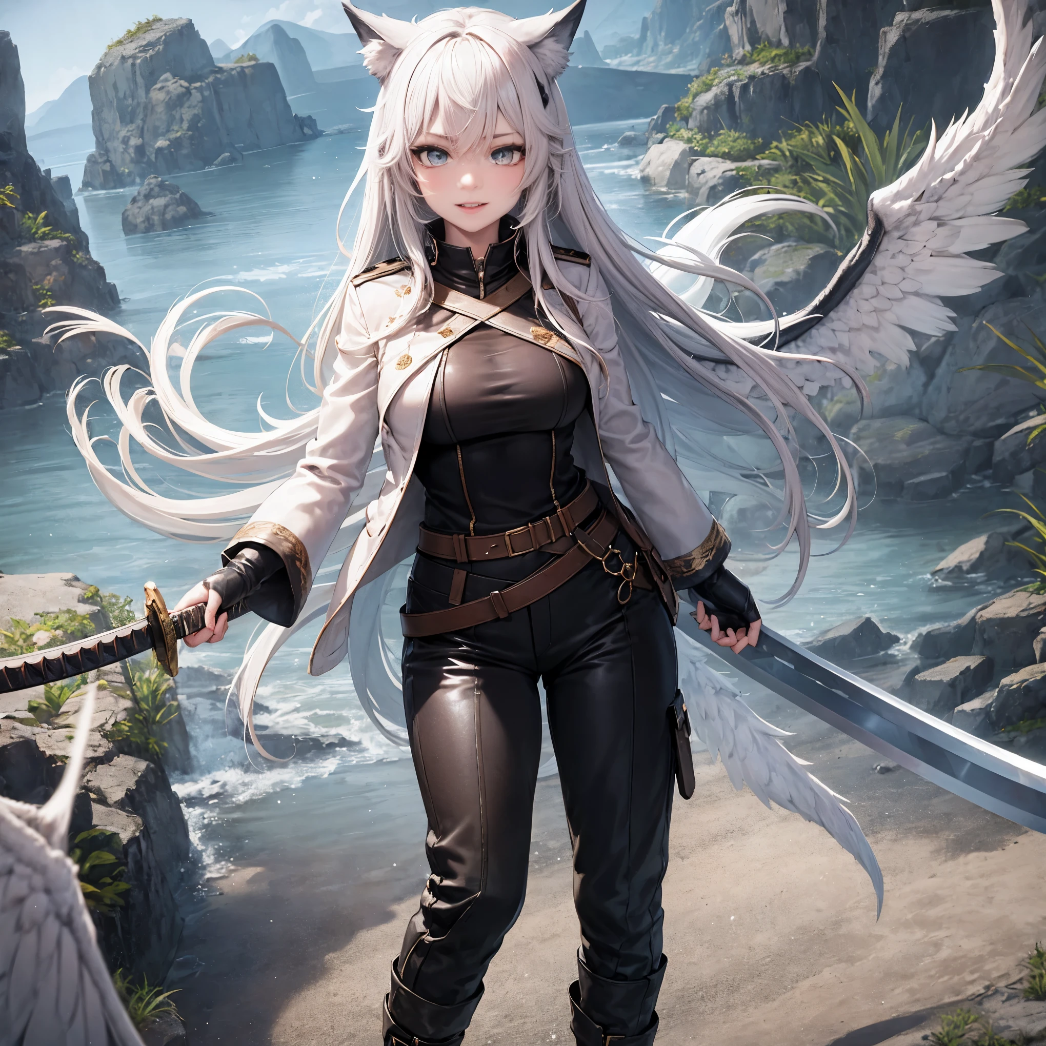 masterpiece, 8k resolution, high quality, high resolution, best quality, extremally detailed, best resolution, absurd resolution, ray tracing, high detailed, masterpiece, extremely detailed,detailed angelic face, shoulder length white hair, female, 2 white fox ears, teenage girl, slime body, white scale dragon tail, military boots,black leggings, military combat pants, black T-shirt, white jacket open, medium size chest, detailed blue eyes,solo female,1 dragon tail, tomboyish, thick dragon tail, white scales, 2 dragon wings, white fluffy dragon wings, detailed face, holding a katana sword,very detailed, amazing details,solo female, 1 female, detailed white furry dragon wings