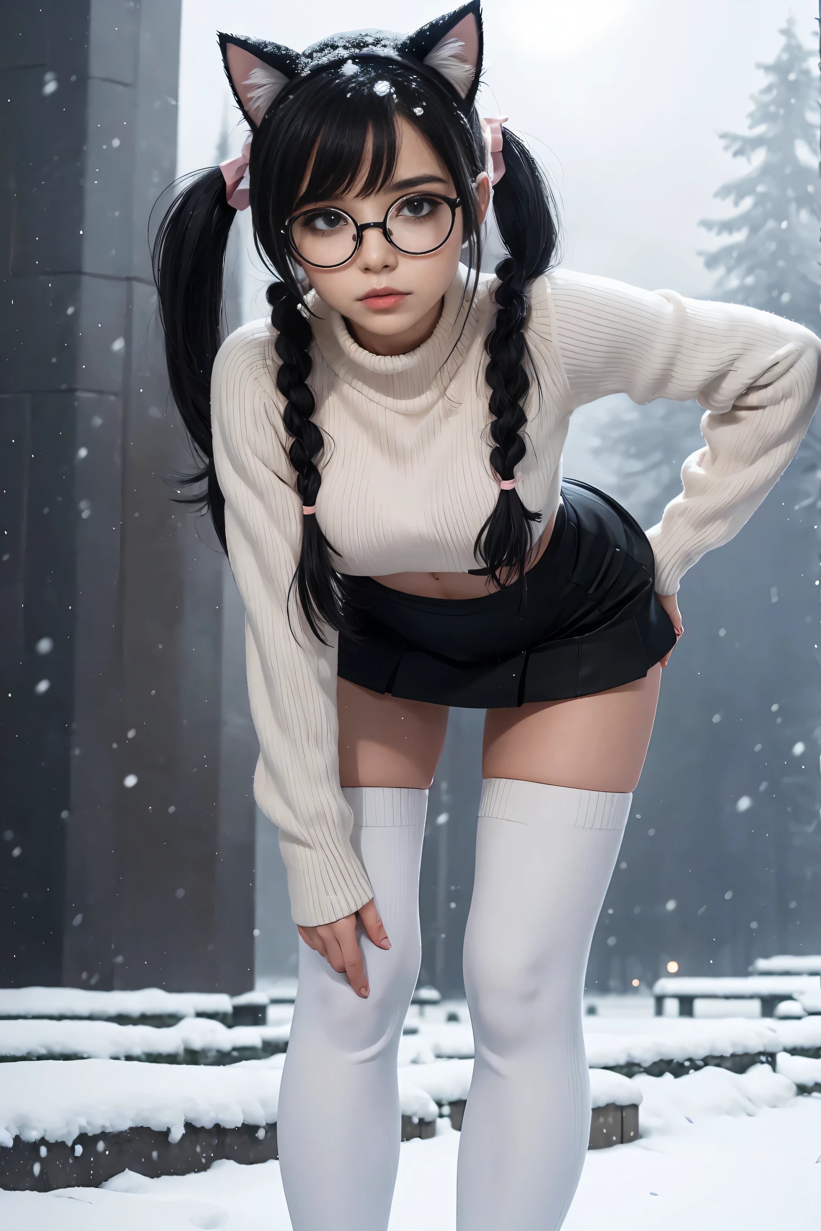 (Best Quality,High resolution:1.2), Ultra-detailed, Realistic portrait, hot very young looking Russian girl, pretty face, perfect long legs, full body, tiny waist. large breasts, standing, tight white cropped jumper, black high waist leggings, pink and white snow boots, in the snow, large blue eyes, long black hair tied up with a ribbon, pigtails, tight high waist mini skirt, woolen socks, hair bangs, snowing, foggy, (large round black rimmed glasses), cat ears, bending over, hands behind back, looking up at camera, visible abs, tight body