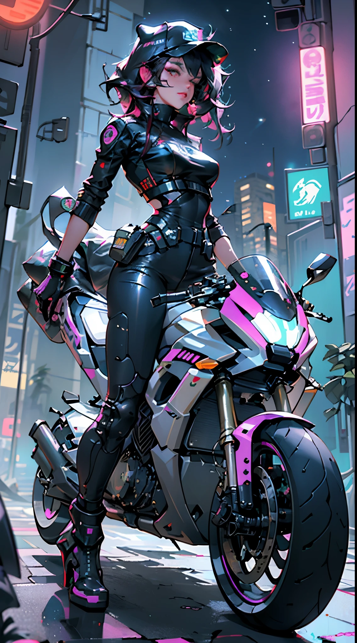 beautiful woman medium hair, wearing a hat, cyberpunk short clothes, cyberpunk police woman, Tomboy, Traffic police, (futuristic police motorcycle ride 1.0), Police Hovercycle Patrol, night, neon