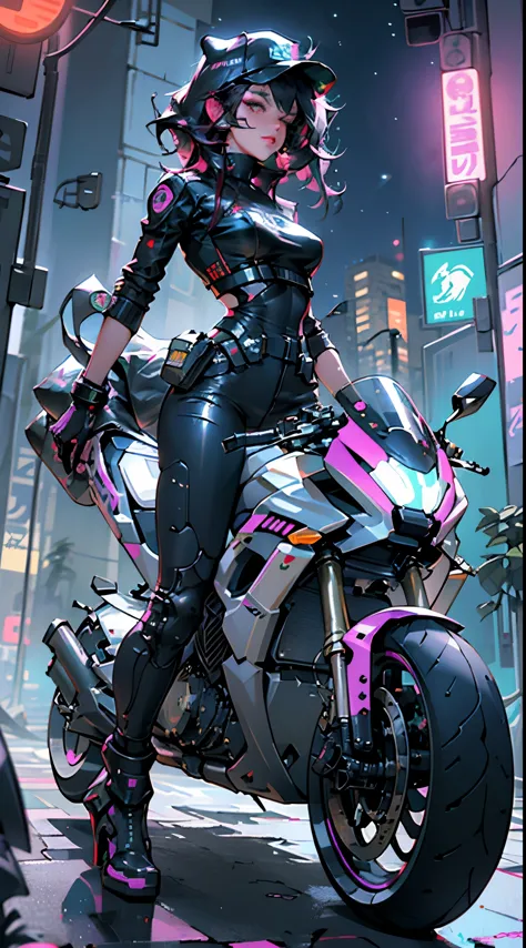 beautiful woman medium hair, wearing a hat, cyberpunk short clothes, cyberpunk police woman, Tomboy, Traffic police, (futuristic...