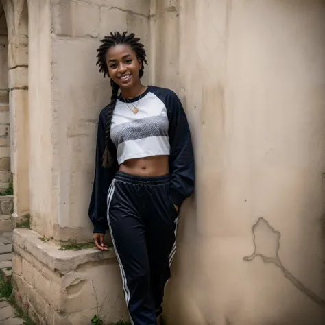 (YES NSFW), gorgeous cute Nigerian WOMAN, smiling, in Matera, (crop top), Steel gray hair loose braided hair, comics printed shirt, oversized jogger pants, lean against the wall, backstreet, sassi_di_matera, (graffiti on the wall), hip-hop, smiling, hands ...