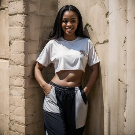 (YES NSFW), gorgeous cute Nigerian WOMAN, smiling, in Matera, (crop top), Steel gray hair loose braided hair, comics printed shirt, oversized jogger pants, lean against the wall, backstreet, sassi_di_matera, (graffiti on the wall), hip-hop, smiling, hands ...
